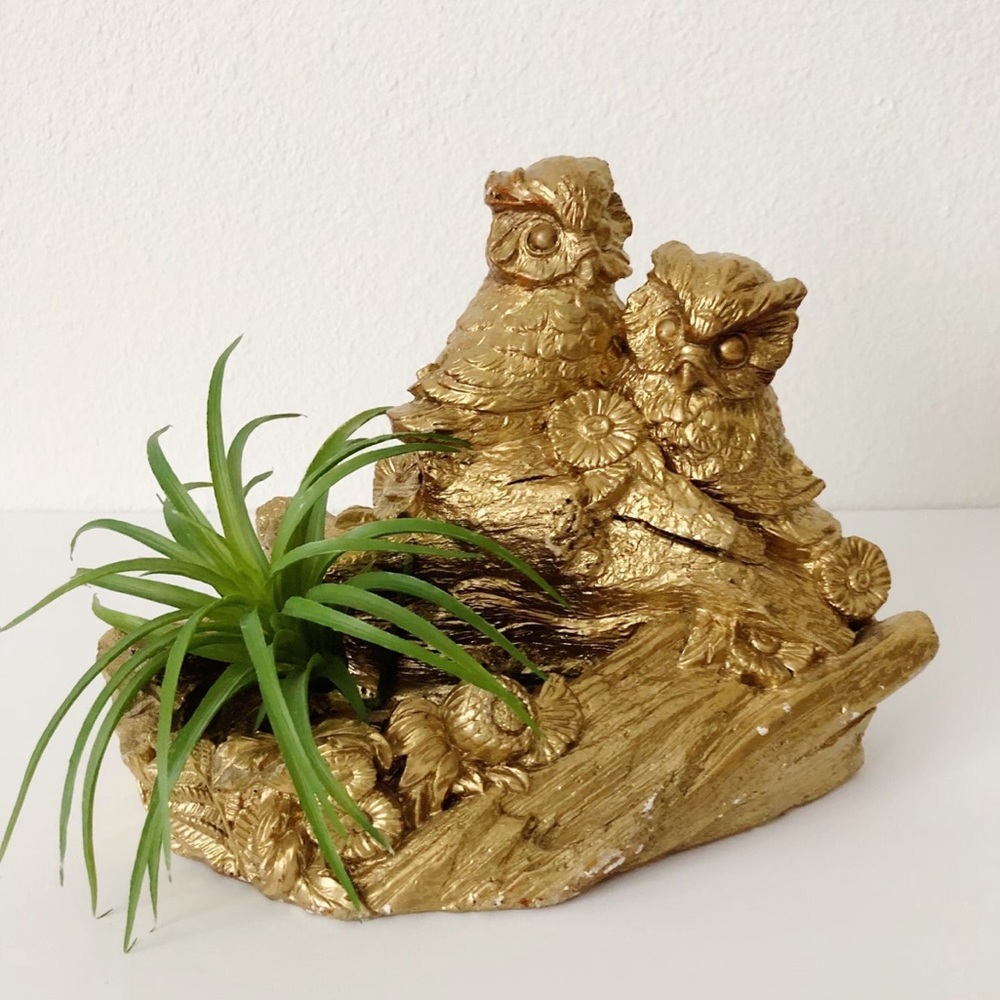 Vintage 1970’s MCM Chalkware Double Owl Planter - Catchall Tray - Ring Holder